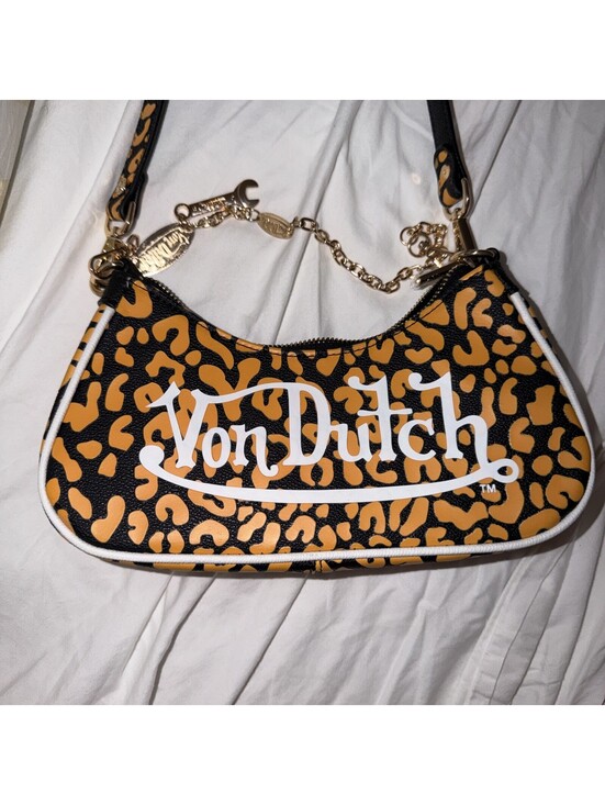 Von Dutch Handbags - Von Dutch Leopard Print Shoulder Bag with Logo and Gold Zipper Accents Y2K